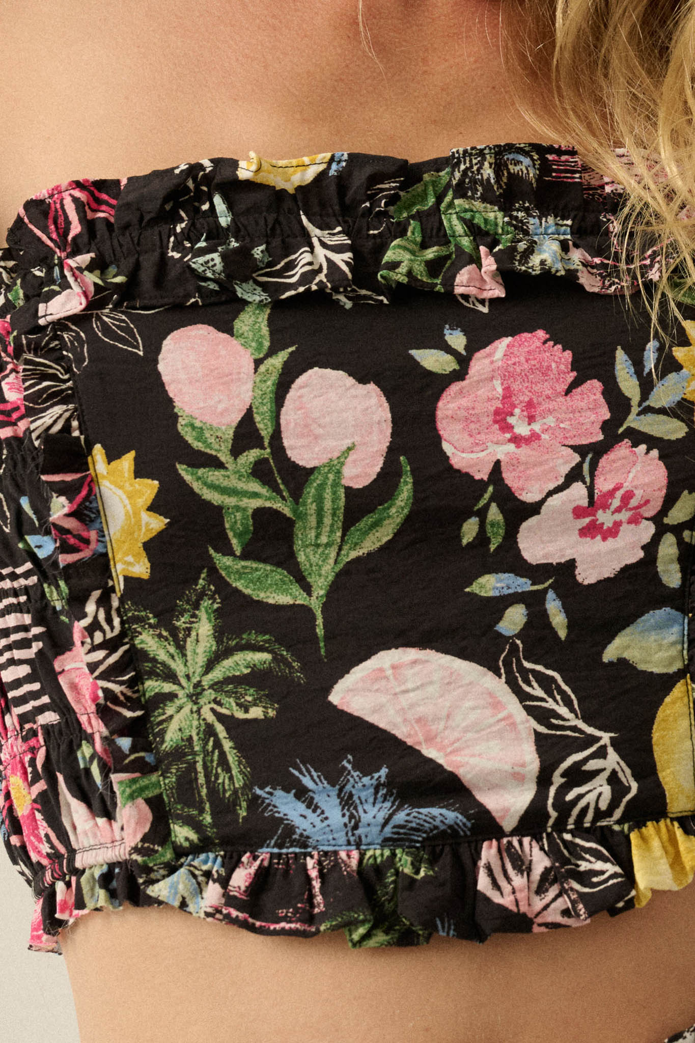 Good Times Fruit & Floral-Print Ruffle Bandeau Top