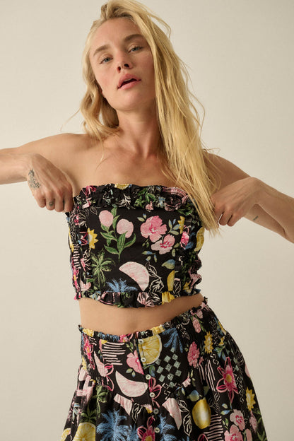 Good Times Fruit & Floral-Print Ruffle Bandeau Top