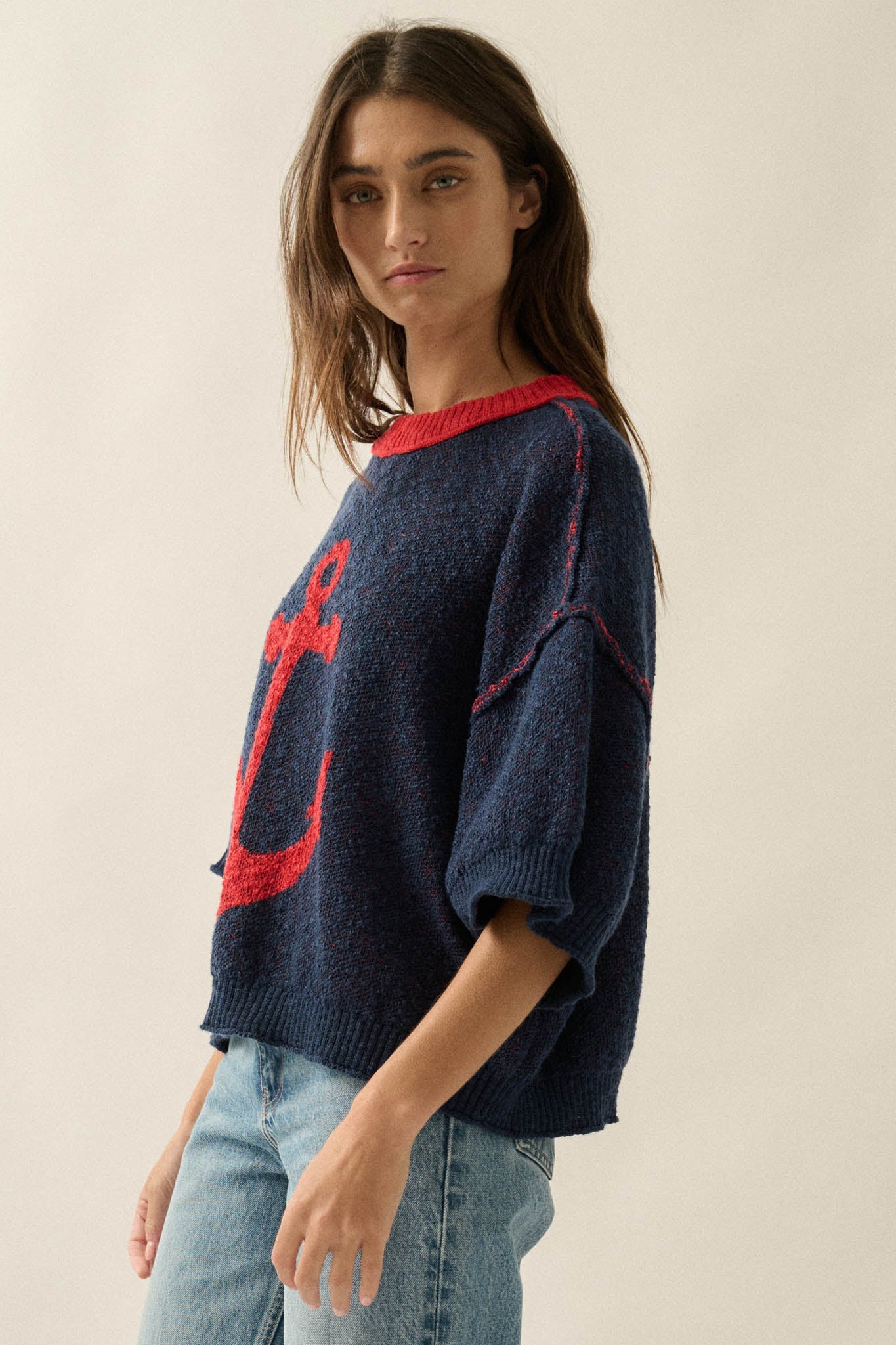 Anchors Up Jacquard-Knit Short-Sleeve Sweater