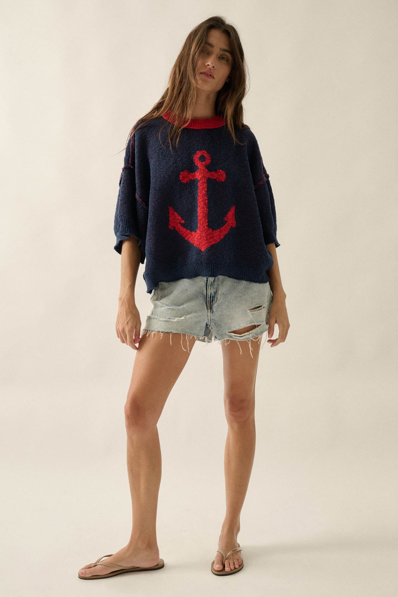 Anchors Up Jacquard-Knit Short-Sleeve Sweater