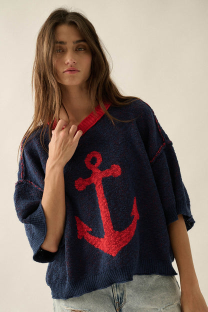 Anchors Up Jacquard-Knit Short-Sleeve Sweater