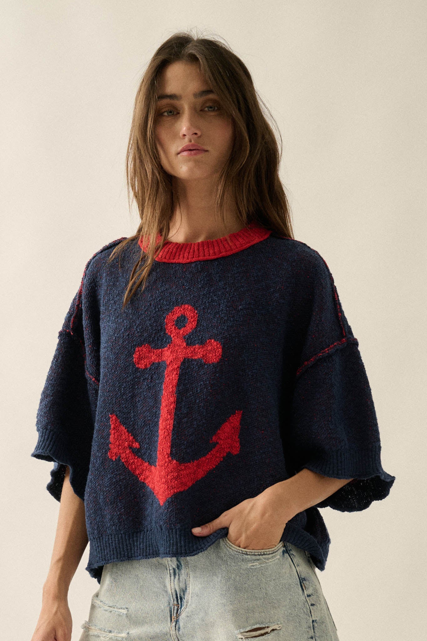 Anchors Up Jacquard-Knit Short-Sleeve Sweater