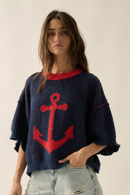 Anchors Up Jacquard-Knit Short-Sleeve Sweater