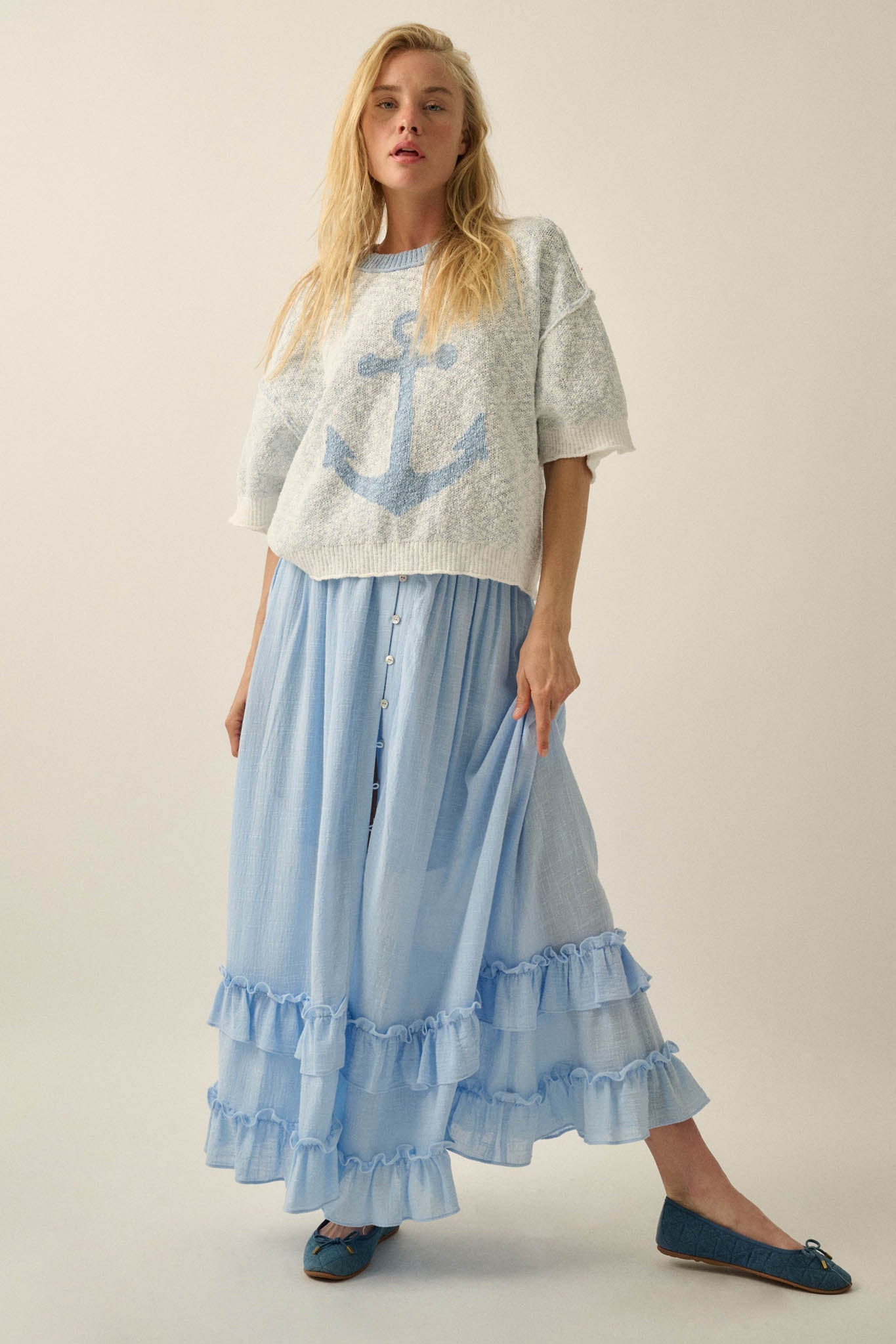 Anchors Up Jacquard-Knit Short-Sleeve Sweater