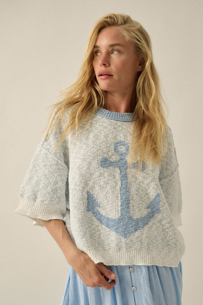 Anchors Up Jacquard-Knit Short-Sleeve Sweater