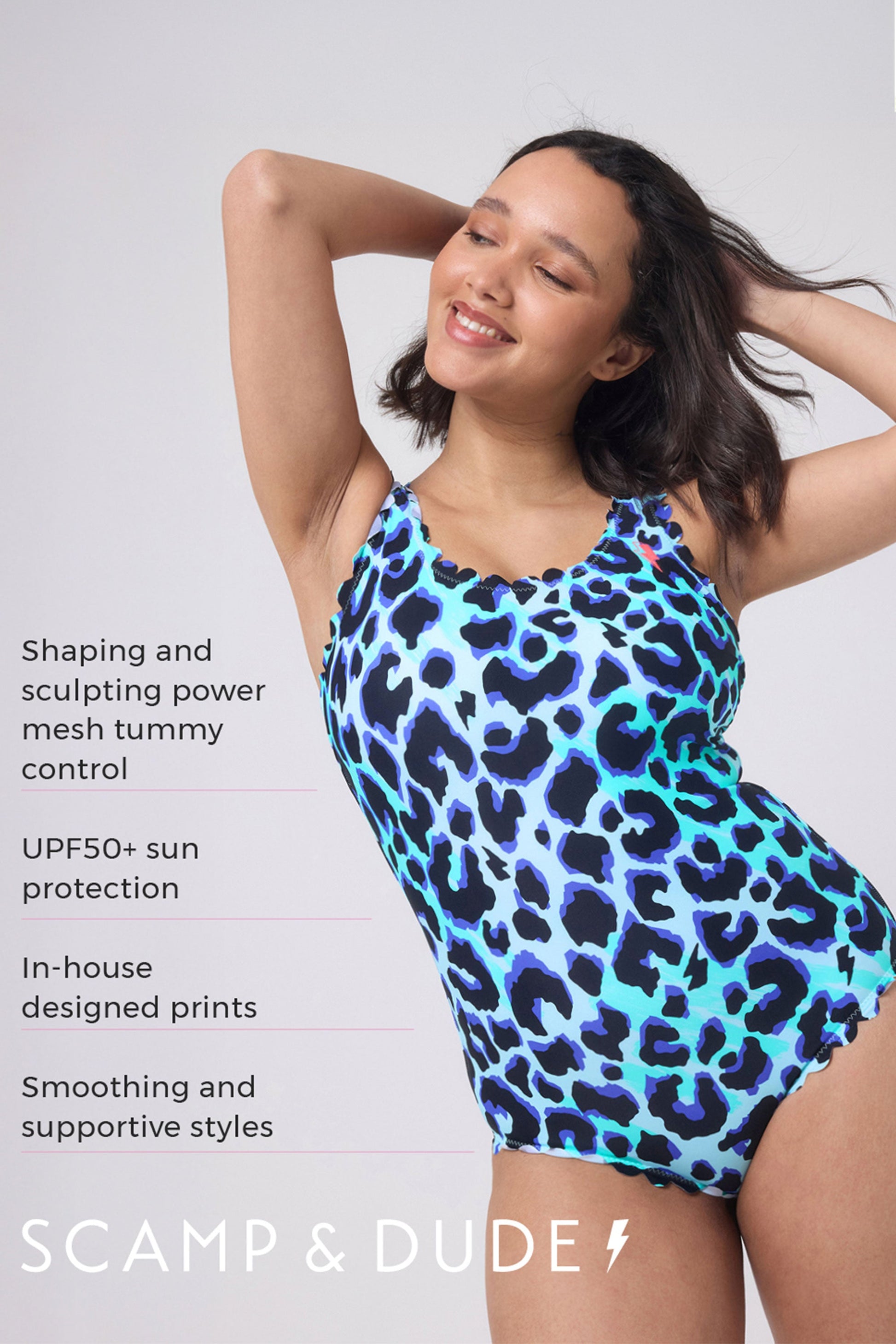 Turquoise with Black and Blue Shadow Leopard Scallop Edge Swimsuit
