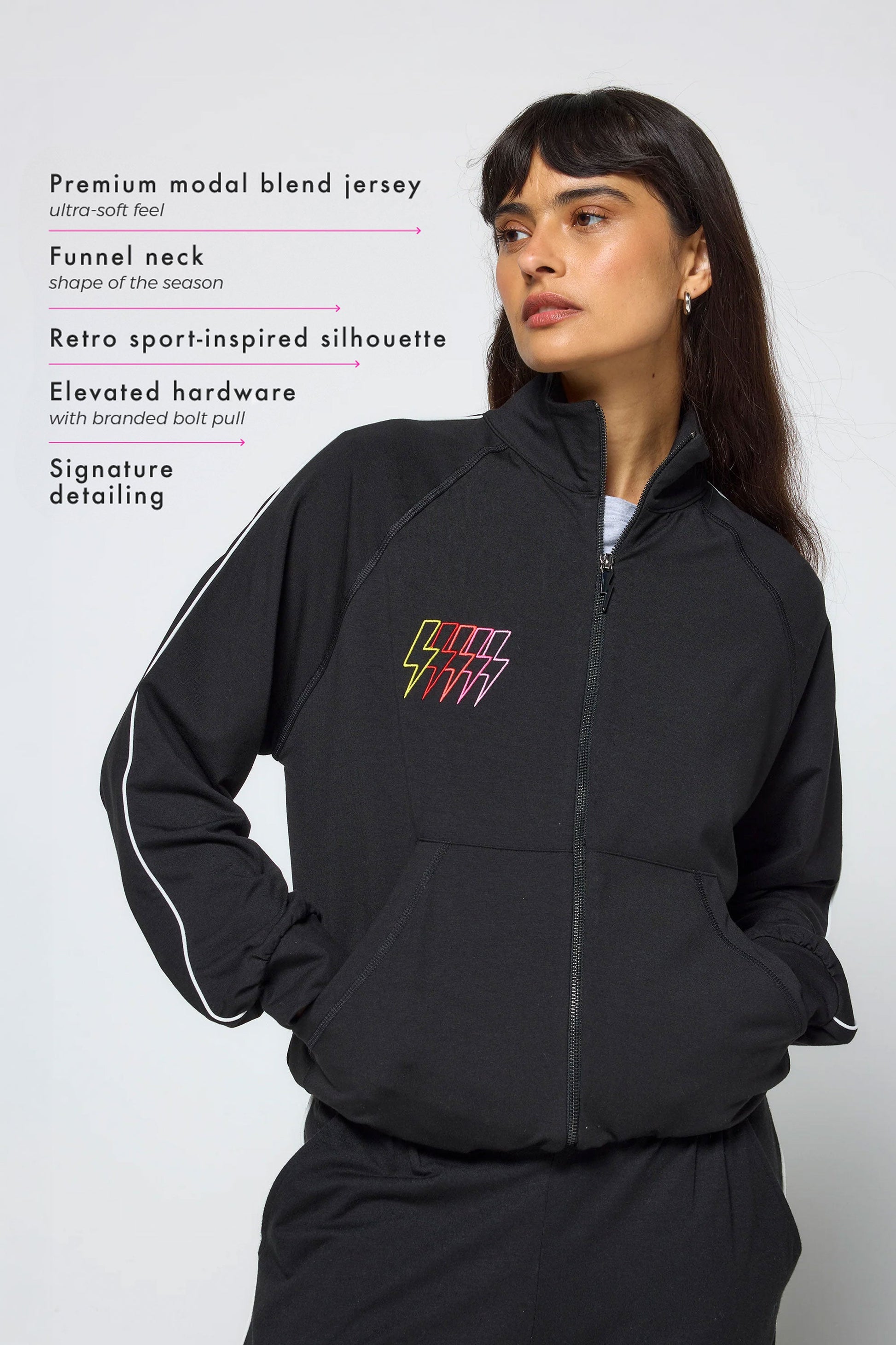Black Funnel Neck Zip Through Sweat Top