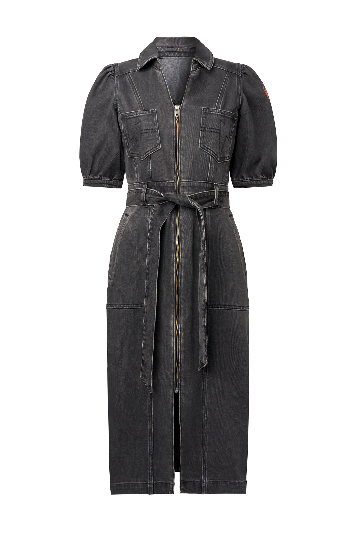 Washed Black Collared Zip Through Midi Denim Dress
