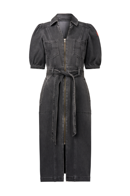 Washed Black Collared Zip Through Midi Denim Dress