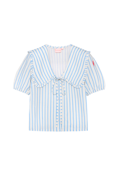 Blue with White Stripe Collared Short Sleeve Blouse