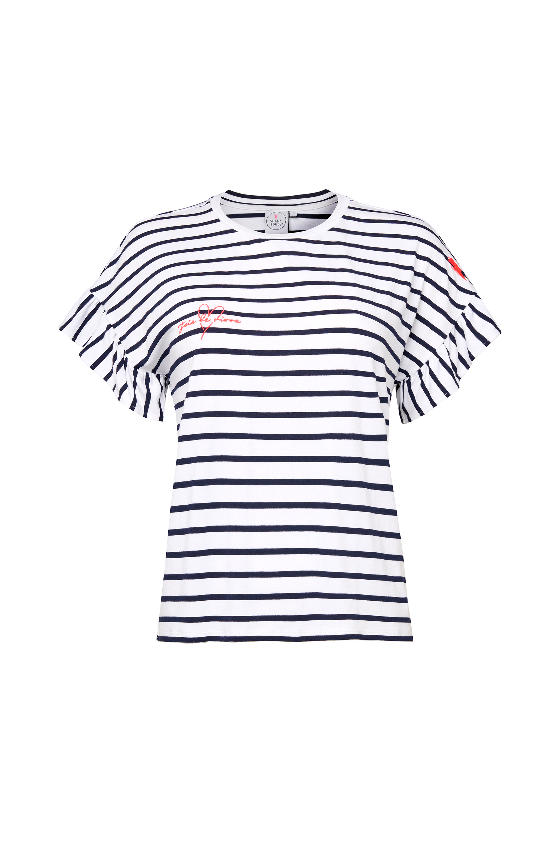 White with Navy Stripe Frill Sleeve T-Shirt