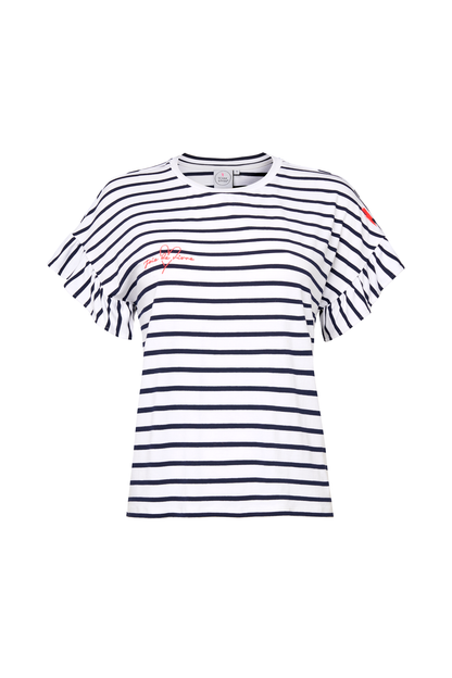 White with Navy Stripe Frill Sleeve T-Shirt