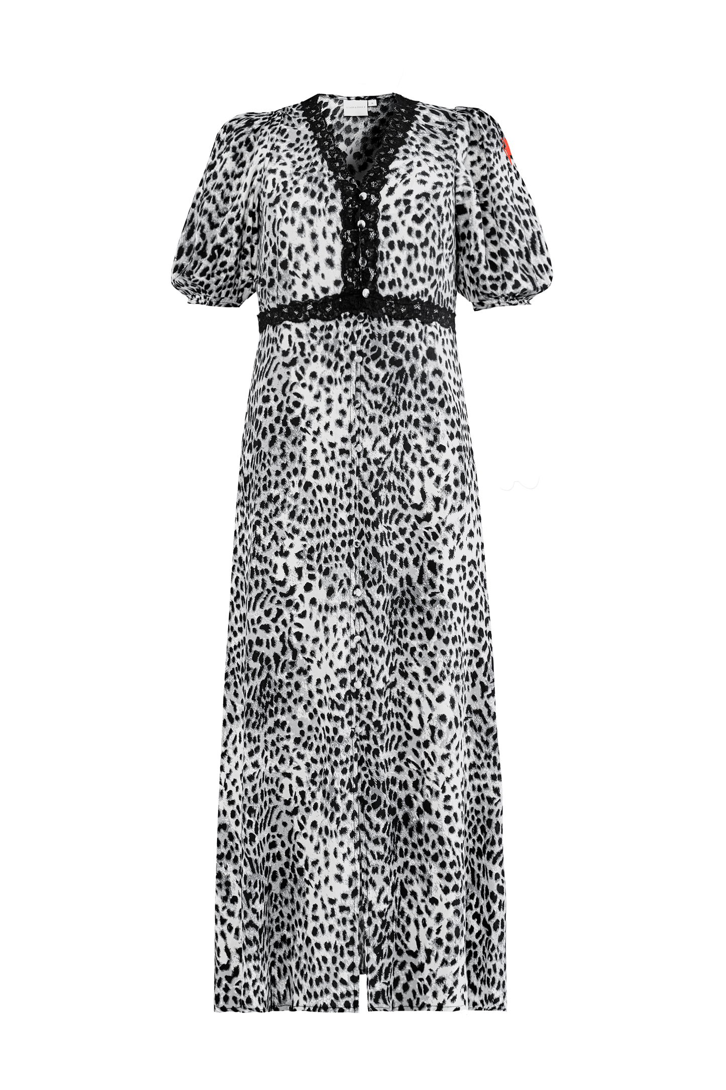 Grey Cheetah Lace Trim Puff Sleeve Midi Tea Dress