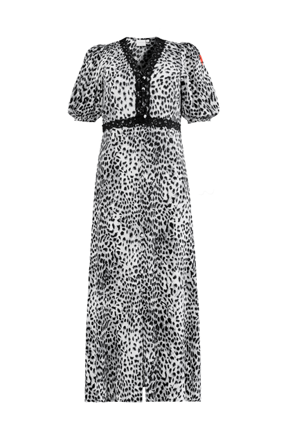 Grey Cheetah Lace Trim Puff Sleeve Midi Tea Dress
