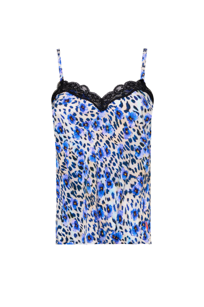 White with Blue Paradise Cheetah Lace Trim Cami Top