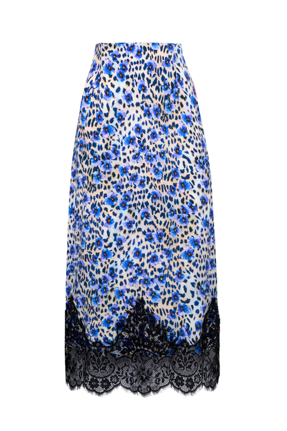 White with Blue Paradise Cheetah Lace Trim Midi Slip Skirt