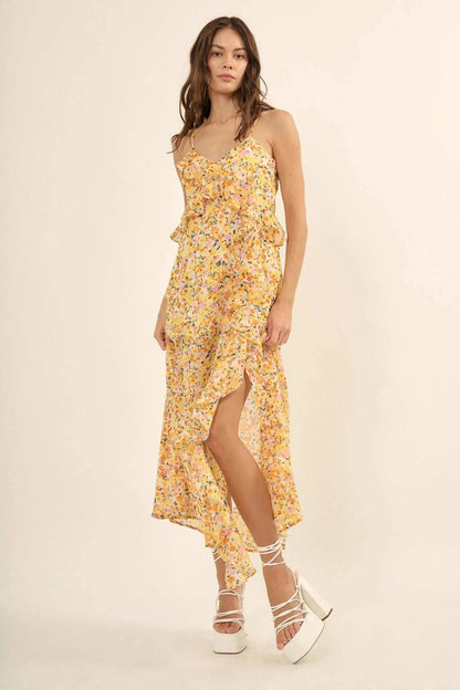 Kissed By the Sun Ruffled Floral Chiffon Maxi Dress