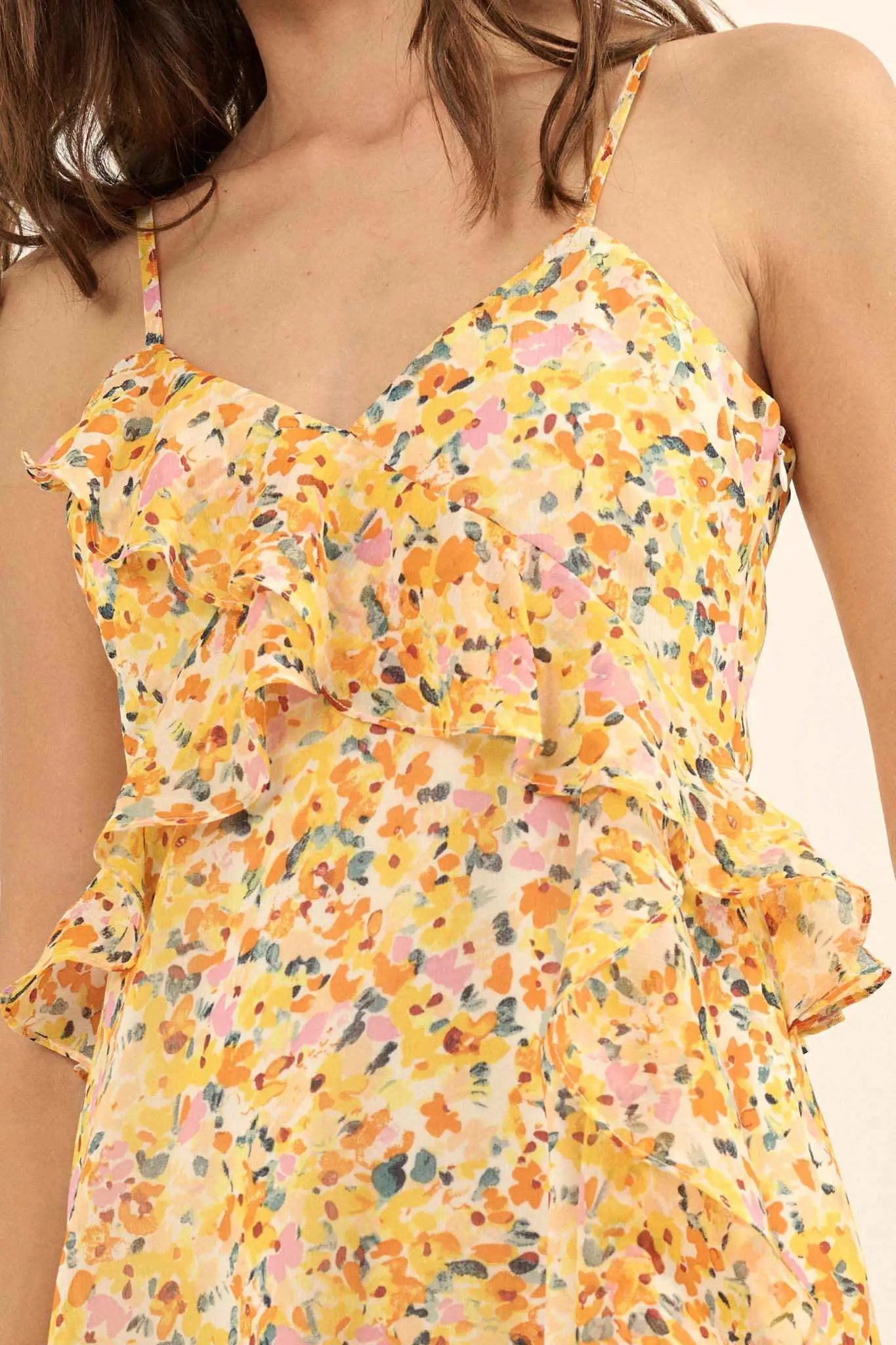 Kissed By the Sun Ruffled Floral Chiffon Maxi Dress