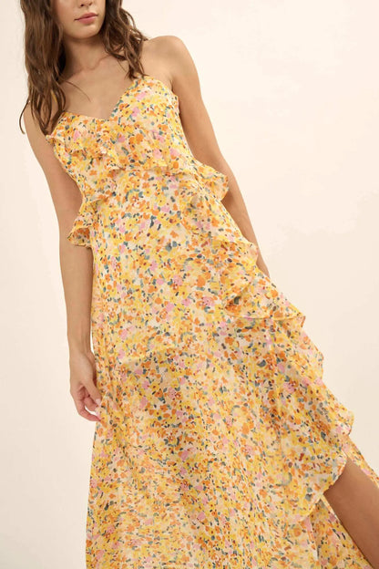 Kissed By the Sun Ruffled Floral Chiffon Maxi Dress