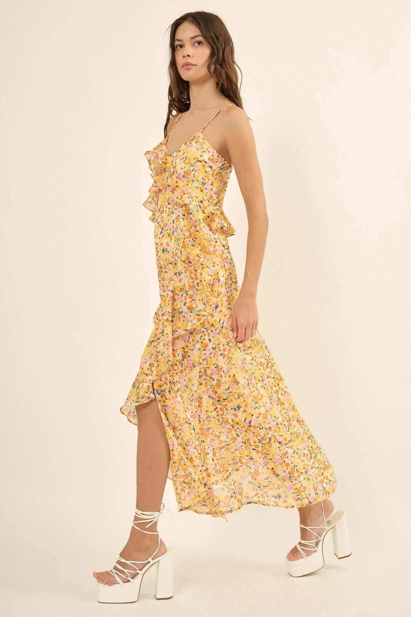 Kissed By the Sun Ruffled Floral Chiffon Maxi Dress