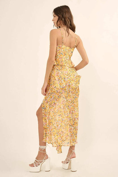 Kissed By the Sun Ruffled Floral Chiffon Maxi Dress