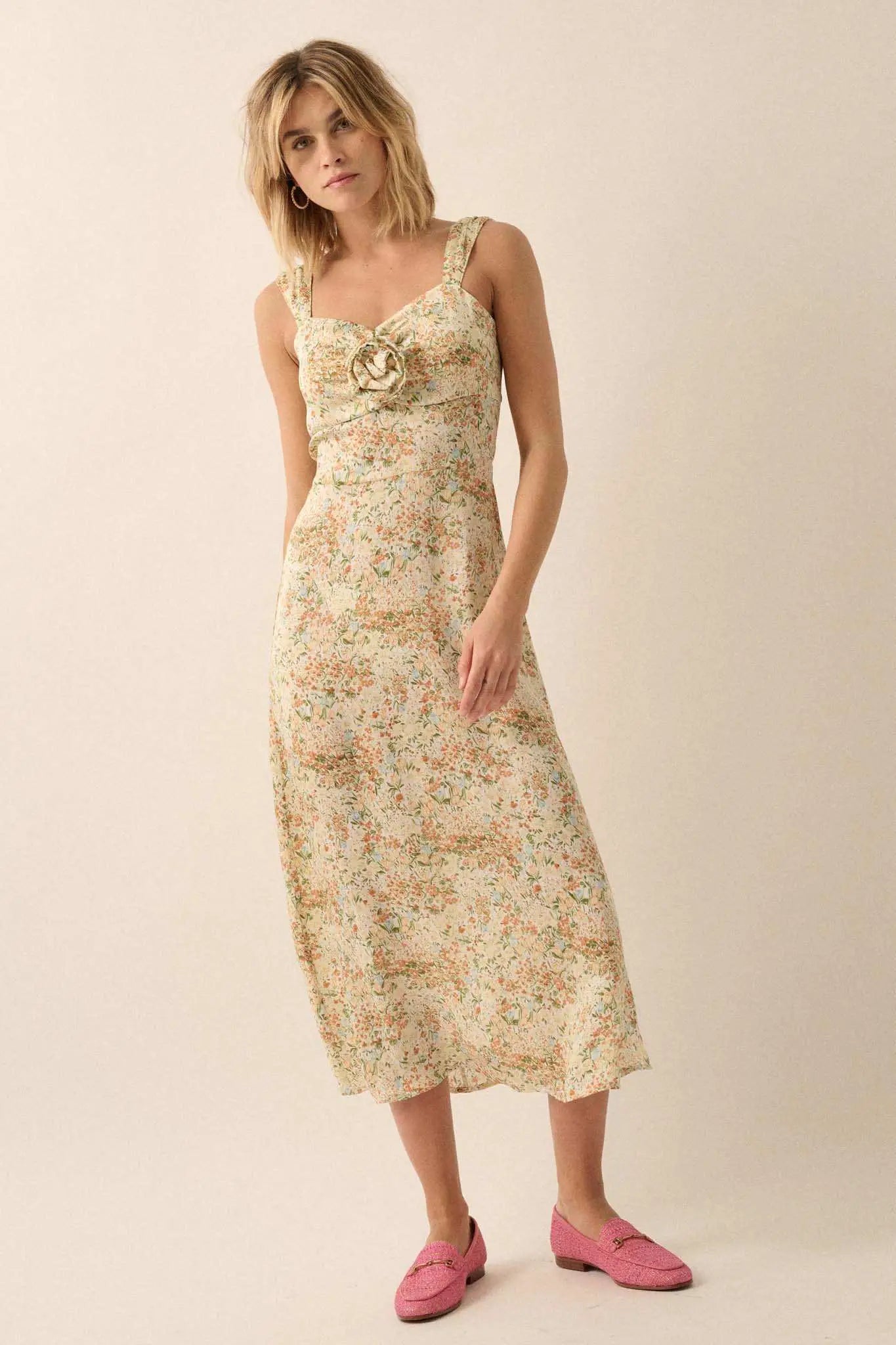 Spring Bloom Floral Crepe Rose-Bodice Midi Dress