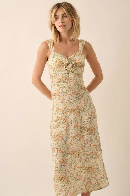 Spring Bloom Floral Crepe Rose-Bodice Midi Dress