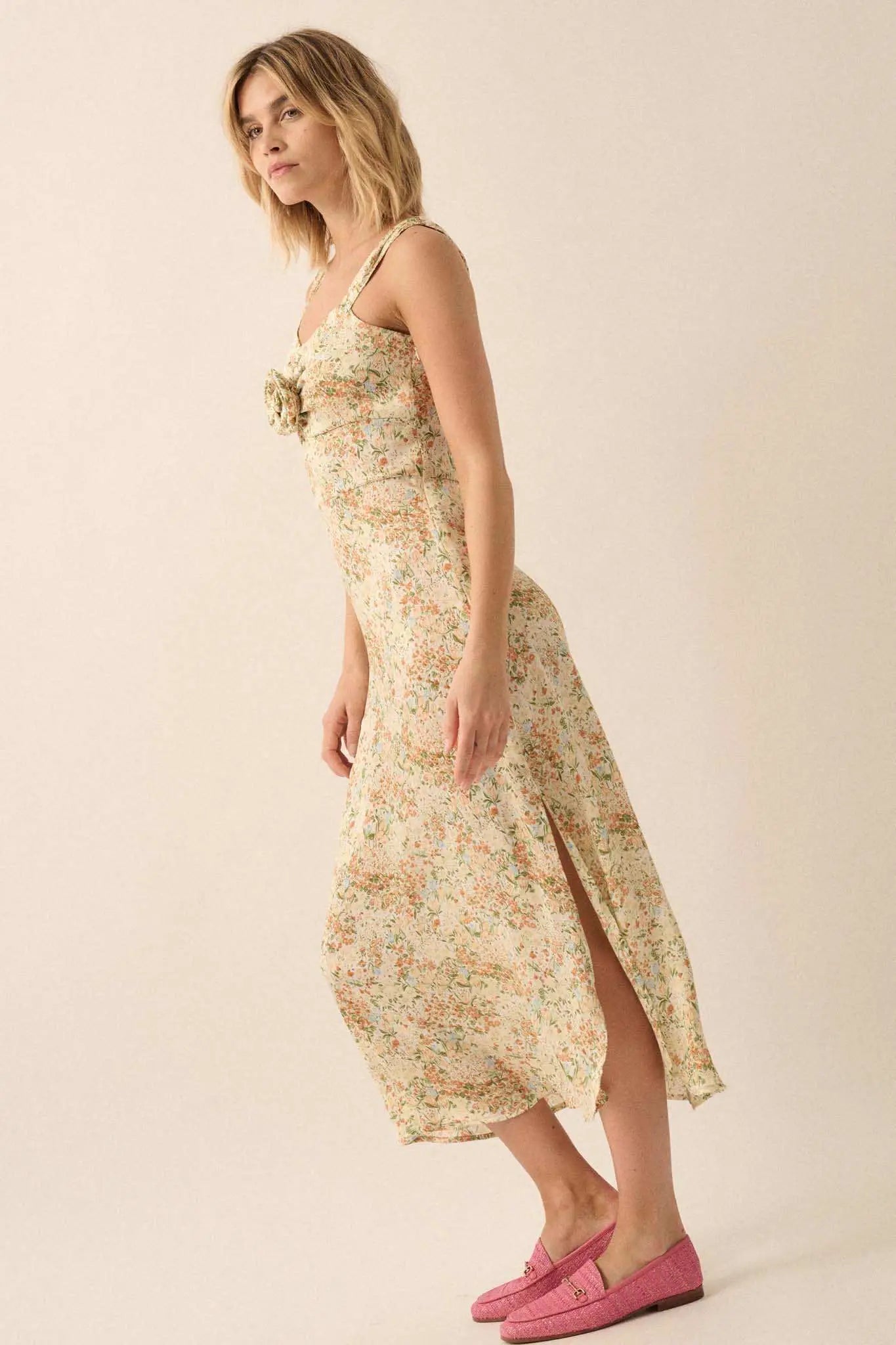 Spring Bloom Floral Crepe Rose-Bodice Midi Dress