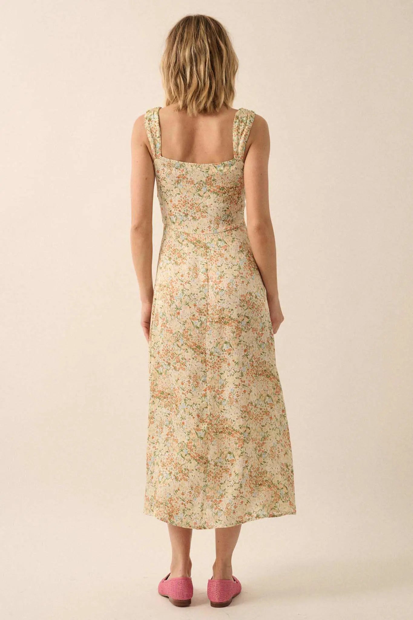 Spring Bloom Floral Crepe Rose-Bodice Midi Dress