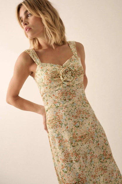 Spring Bloom Floral Crepe Rose-Bodice Midi Dress