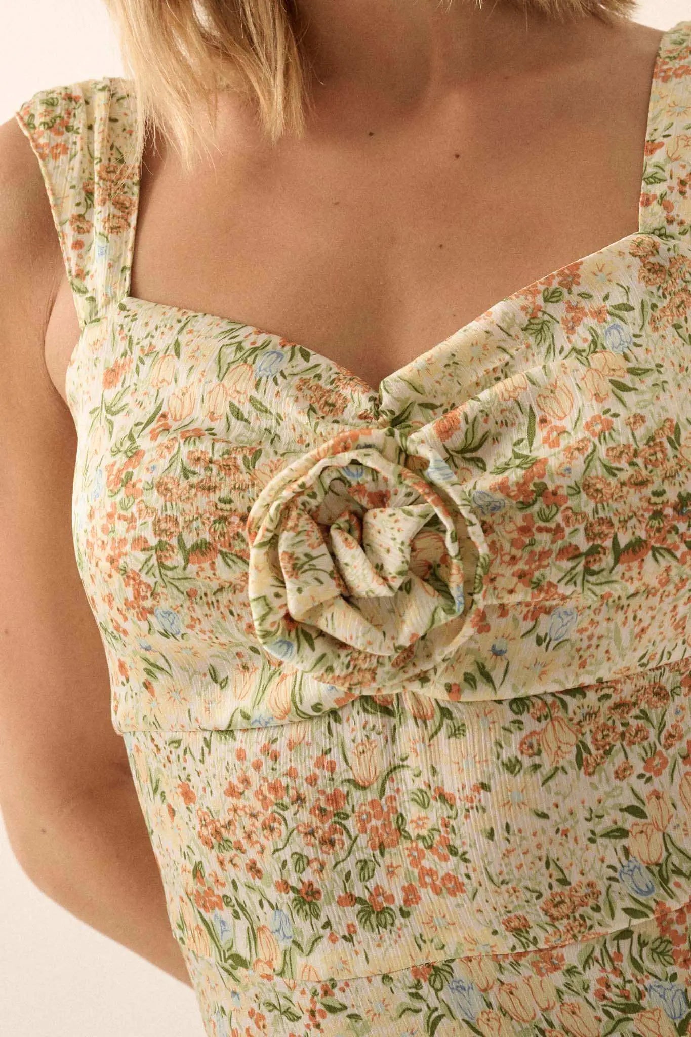 Spring Bloom Floral Crepe Rose-Bodice Midi Dress