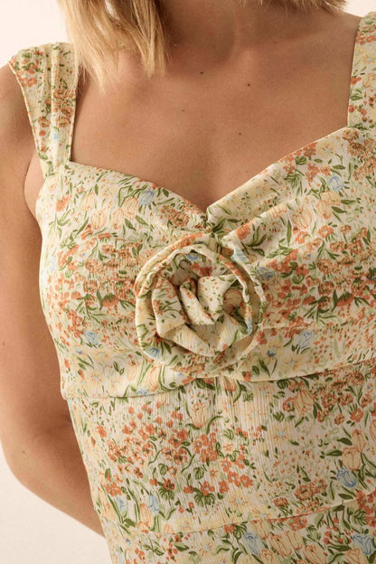 Spring Bloom Floral Crepe Rose-Bodice Midi Dress