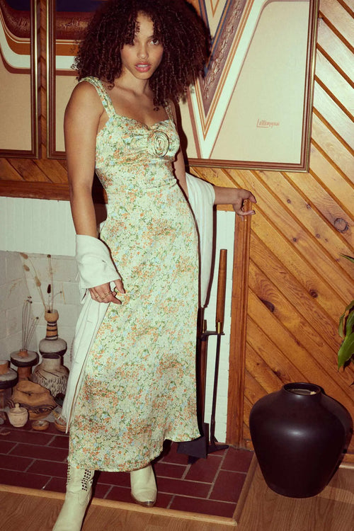 Spring Bloom Floral Crepe Rose-Bodice Midi Dress
