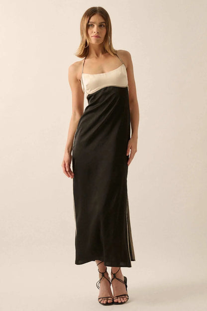 Simply Luxe Satin Piping-Trim Halter Maxi Dress