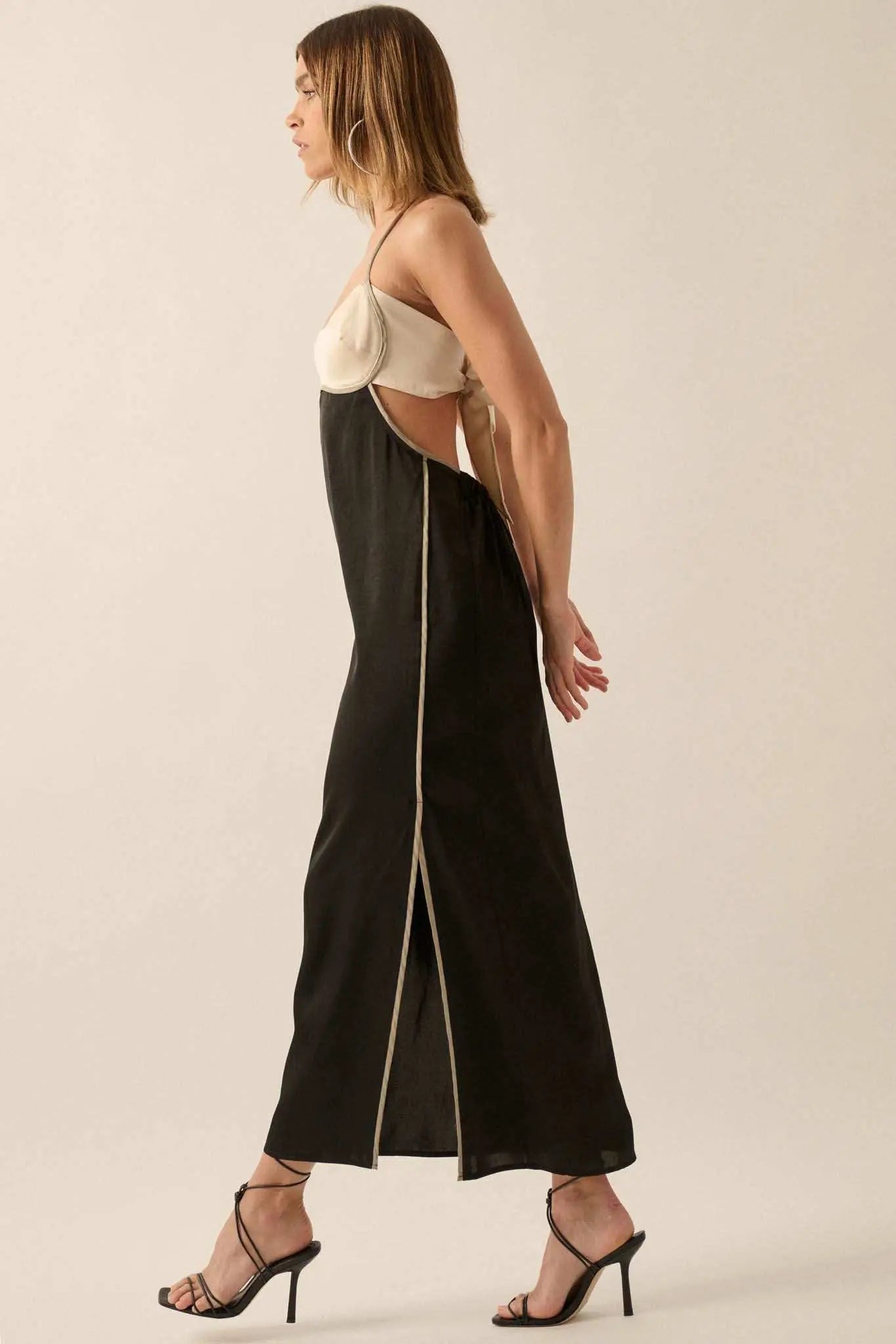 Simply Luxe Satin Piping-Trim Halter Maxi Dress