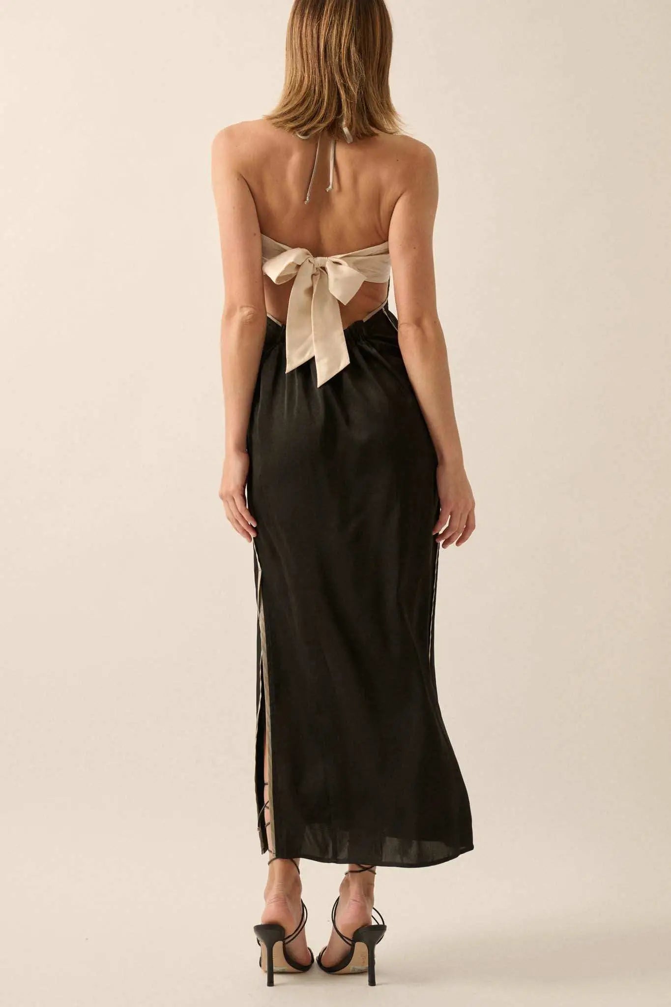 Simply Luxe Satin Piping-Trim Halter Maxi Dress
