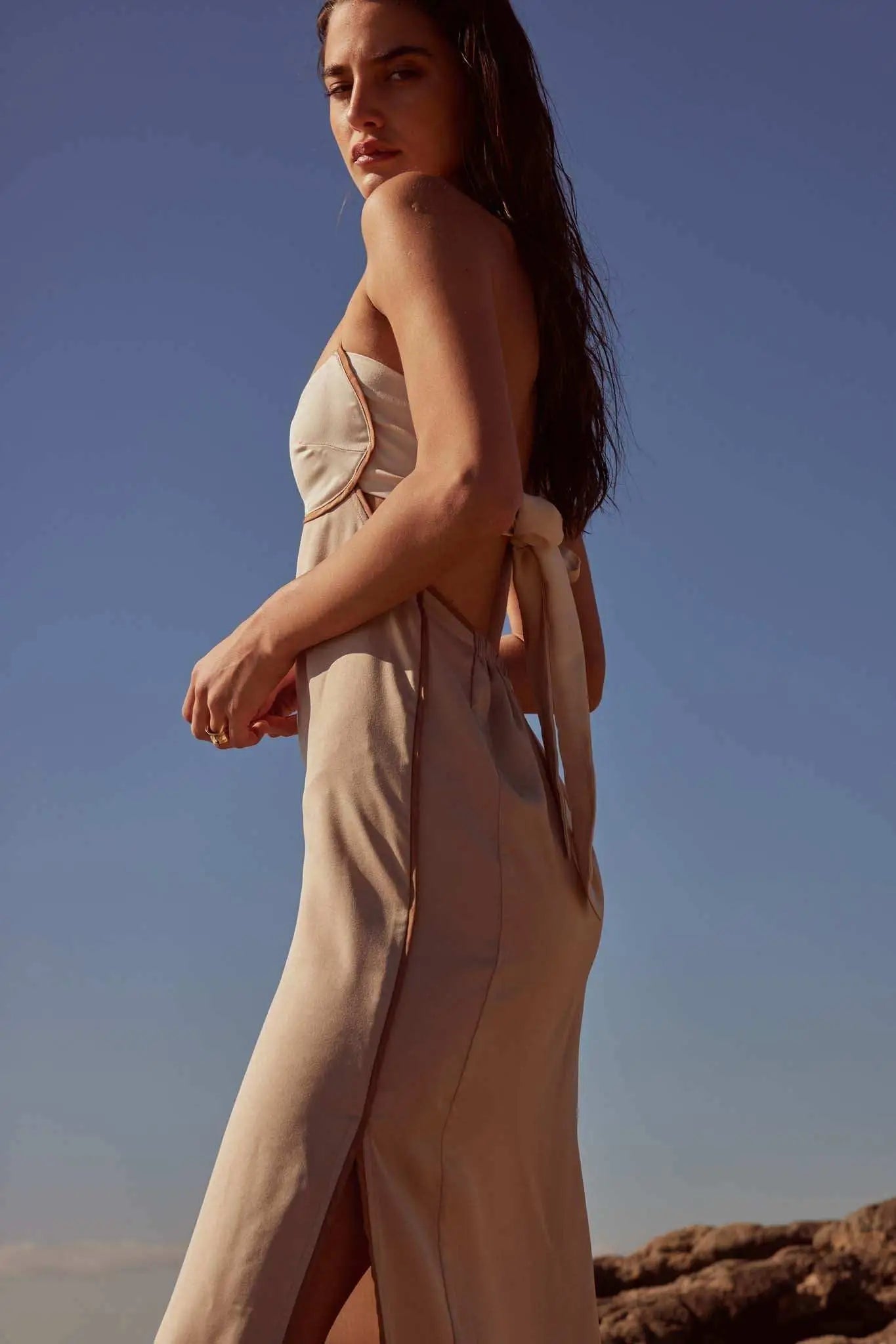 Simply Luxe Satin Piping-Trim Halter Maxi Dress