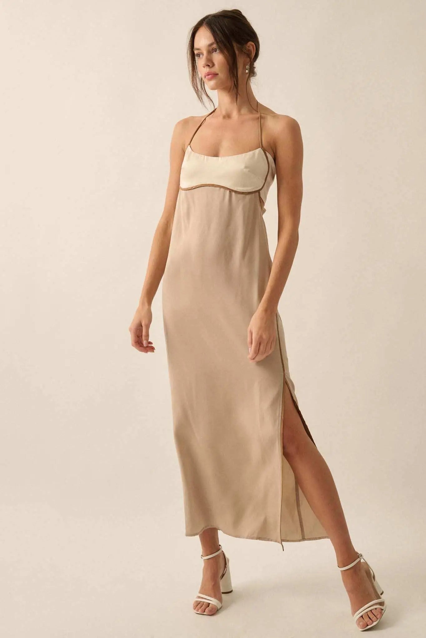 Simply Luxe Satin Piping-Trim Halter Maxi Dress