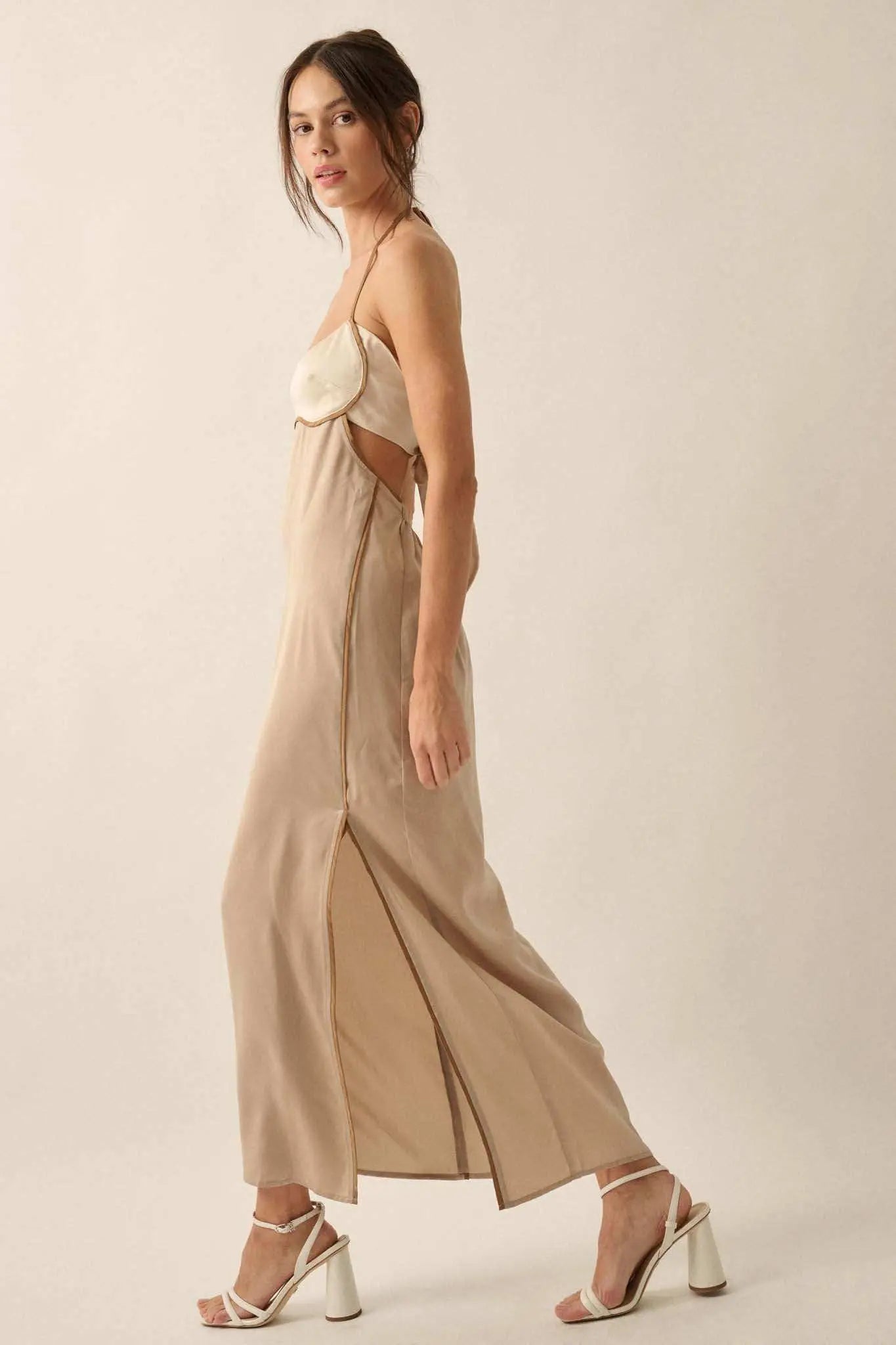 Simply Luxe Satin Piping-Trim Halter Maxi Dress