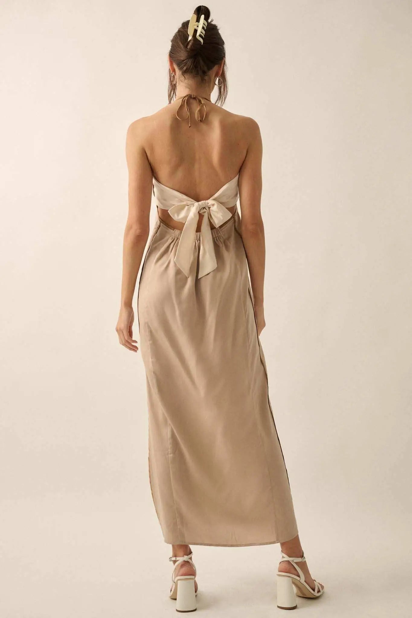 Simply Luxe Satin Piping-Trim Halter Maxi Dress