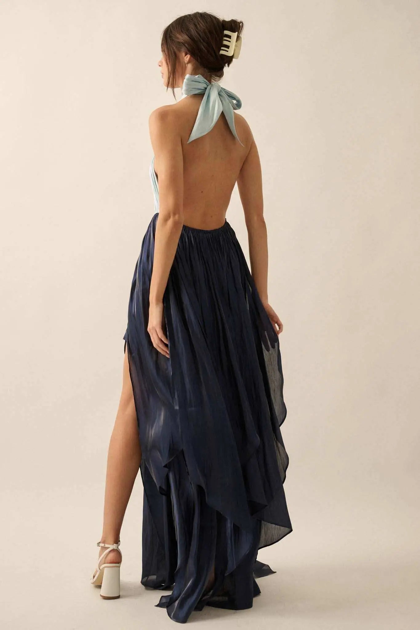 Breaking Waves Satin Cross-Front Halter Maxi Dress