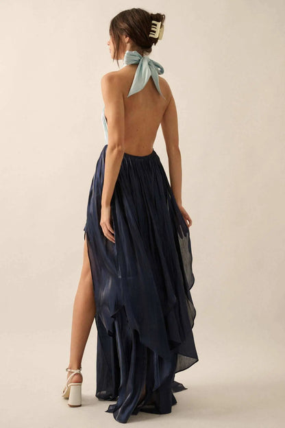 Breaking Waves Satin Cross-Front Halter Maxi Dress