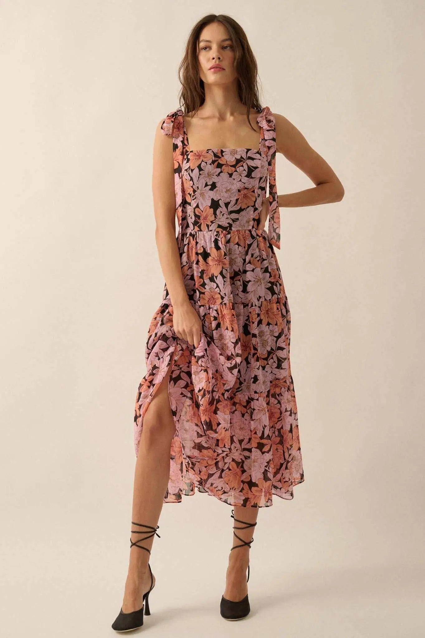 Borneo Bliss Floral Chiffon Tiered Ruffle Midi Dress