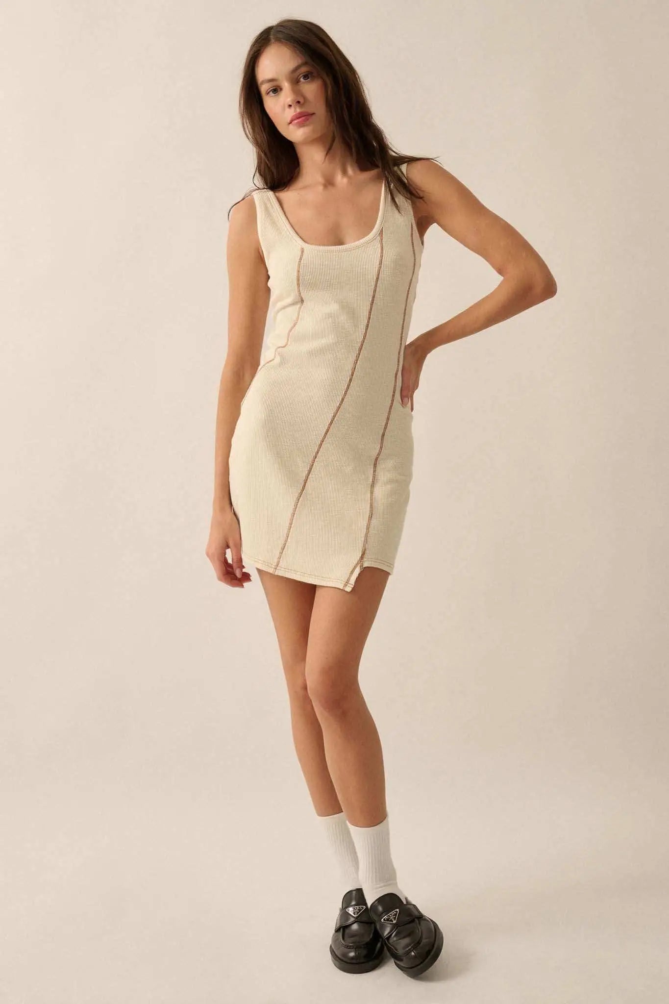 Sew What Exposed-Seam Rib-Knit Tank Mini Dress