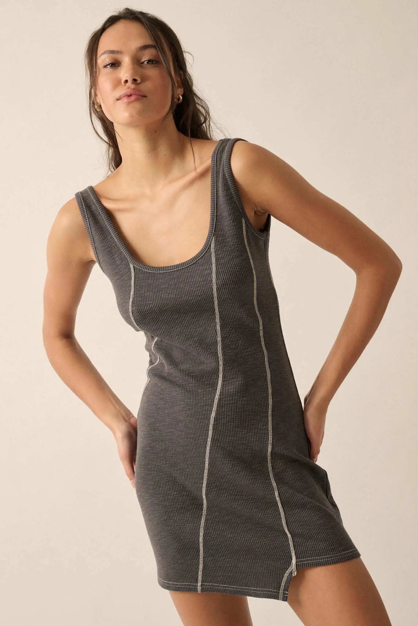 Sew What Exposed-Seam Rib-Knit Tank Mini Dress
