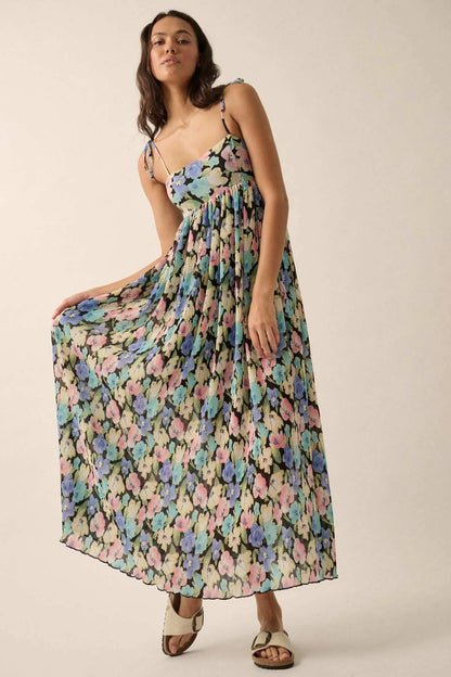 Aurora Blossoms Pleated Floral Maxi Dress