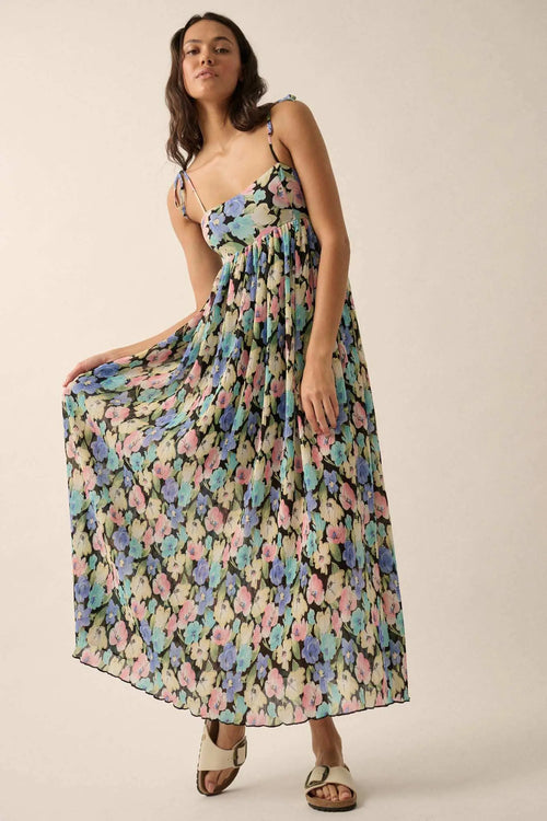 Aurora Blossoms Pleated Floral Maxi Dress