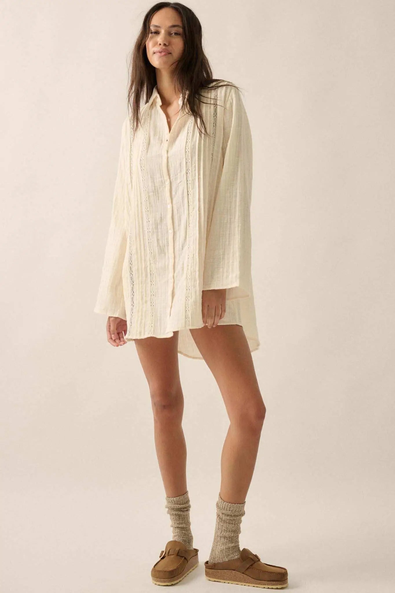 Free to Be Pleated Lace-Trim Mini Shirt Dress