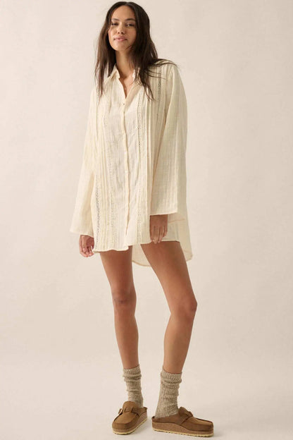 Free to Be Pleated Lace-Trim Mini Shirt Dress