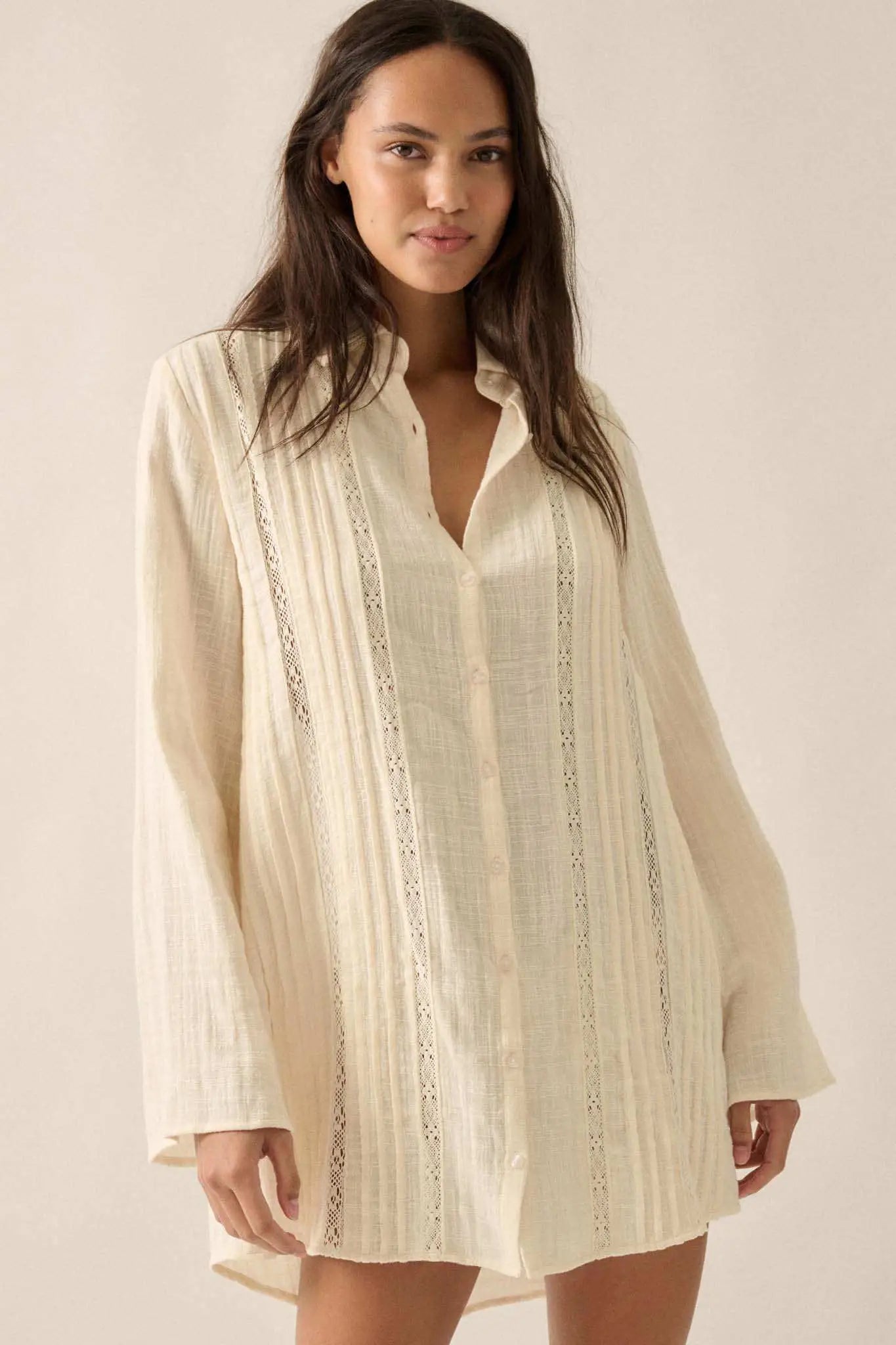 Free to Be Pleated Lace-Trim Mini Shirt Dress